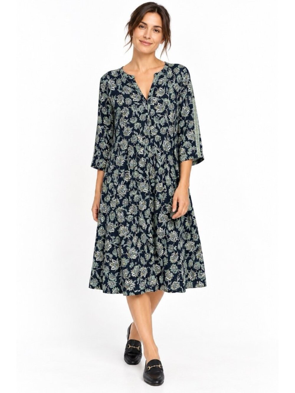 J JILL dress blue floral LARGE LT tall midi 3/4 sleeve casual fall autumn knit